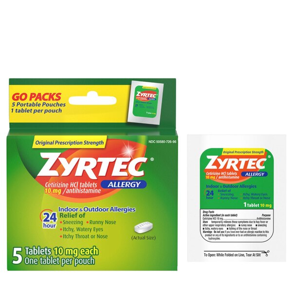 Zyrtec 24 Hour Allergy Tablets with Cetirizine HCI, Travel Size, 5 CT