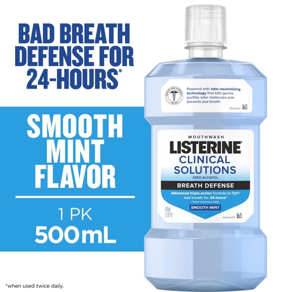 Listerine Clinical Solutions Breath Defense Mouthwash, Smooth Mint, 16.9 OZ