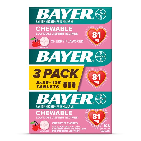 Bayer Low Dose Aspirin 81 MG Chewable Tablets, Cherry, 36 CT, 3 Pack