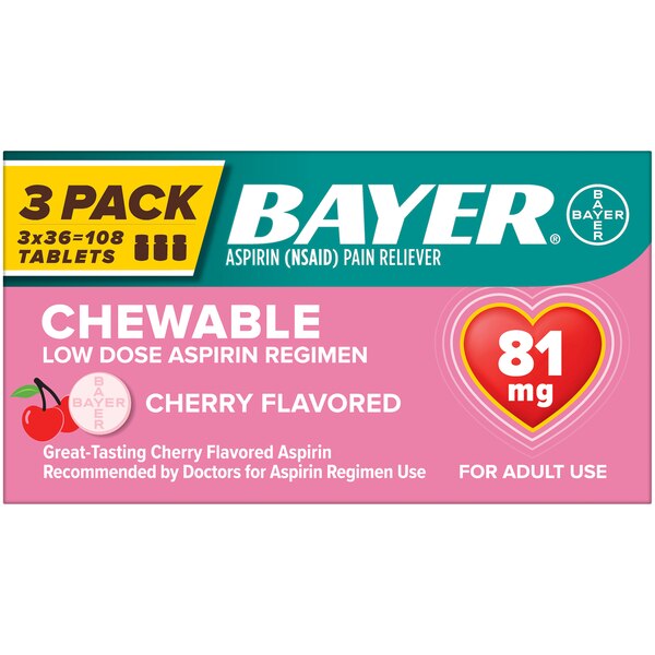 Bayer Low Dose Aspirin 81 MG Chewable Tablets, Cherry, 36 CT, 3 Pack