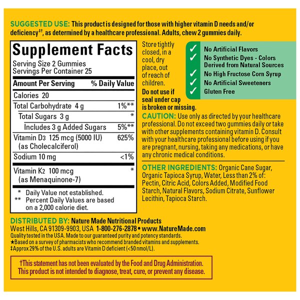 Nature Made Vitamin D3 K2 Gummies, Vitamin D 5000 IU per serving, Bone & Immune Support, 50 CT