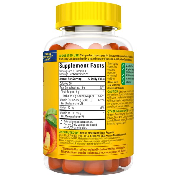 Nature Made Vitamin D3 K2 Gummies, Vitamin D 5000 IU per serving, Bone & Immune Support, 50 CT