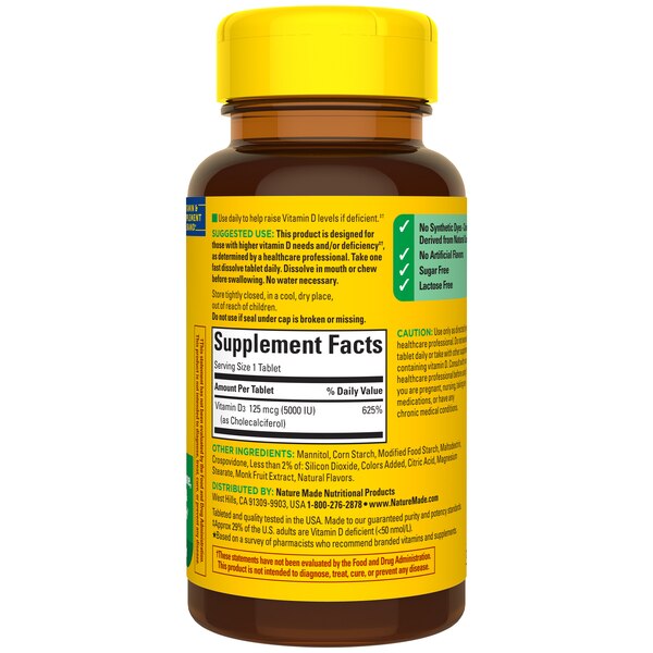 Nature Made Extra Strength Vitamin D3 5000 IU Sugar Free Fast Dissolve Vitamin D Tablets, 70 CT