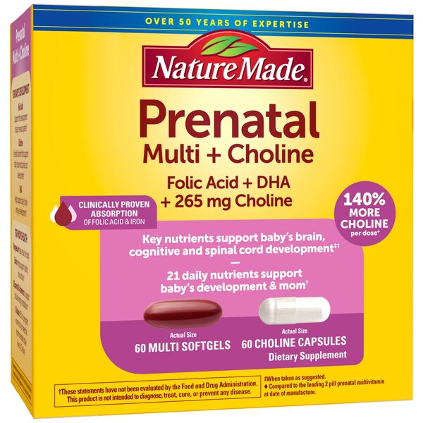 Nature Made Prenatal Vitamins Softgels + Choline Supplement Capsules, Folic Acid + DHA, 60 CT