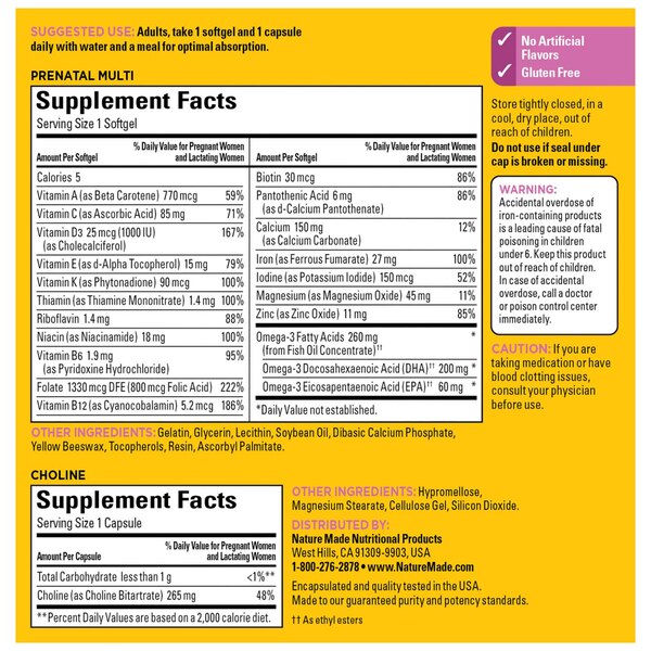 Nature Made Prenatal Vitamins Softgels + Choline Supplement Capsules, Folic Acid + DHA, 60 CT