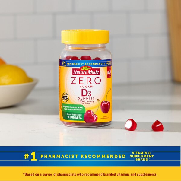 Nature Made Zero Sugar Vitamin D3 Gummies 2000 IU 50 mcg, Sugar Free Gummies, 110 CT