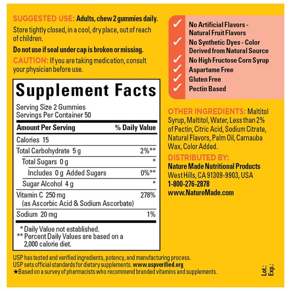Nature Made Zero Sugar Vitamin C Gummies 250 mg, Sugar Free Gummies, 100 CT