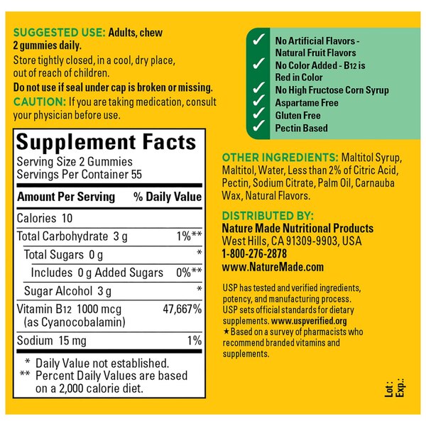 Nature Made Zero Sugar Energy Vitamin B12 Gummies 1000 mcg, Sugar Free Gummies, 110 CT