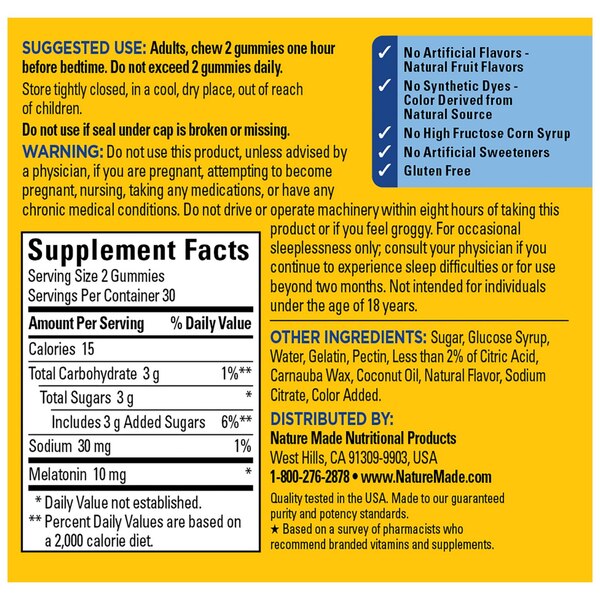 Nature Made Melatonin 10mg per serving Time Release Melatonin Gummies, 100% Drug Free, 60 CT