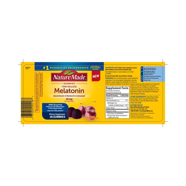 Nature Made Melatonin 10mg per serving Time Release Melatonin Gummies, 100% Drug Free, 60 CT