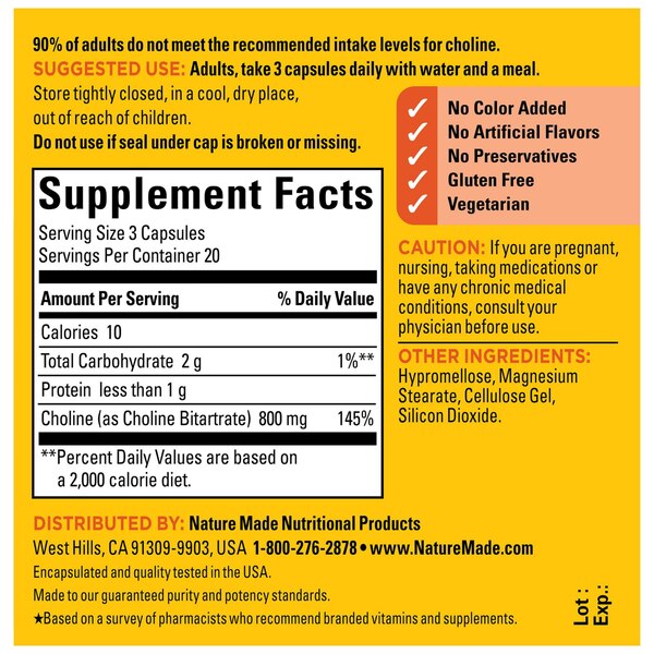 Nature Made Extra Strength Dosage Choline Supplement Capsules 800 Mg, Brain Support, 60 CT