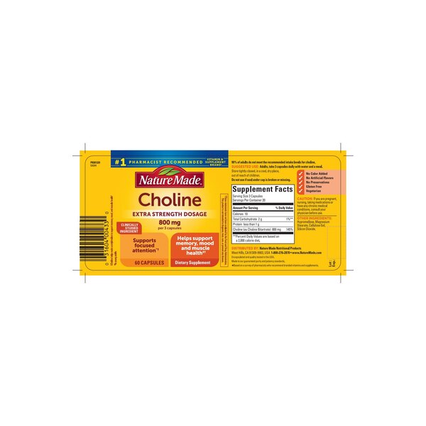 Nature Made Extra Strength Dosage Choline Supplement Capsules 800 Mg, Brain Support, 60 CT