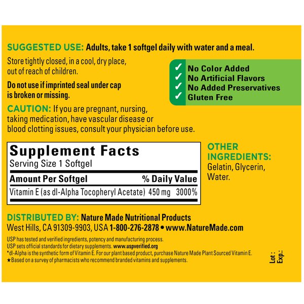 Nature Made Vitamin E 450 mg (1000 IU) dl-Alpha Softgels, 60 CT