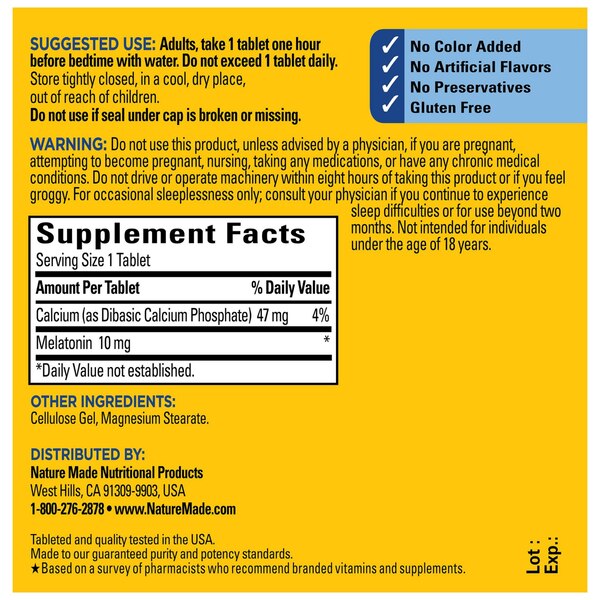 Nature Made Melatonin 10mg Maximum Strength Tablets, 100% Drug Free Sleep Aid for Adults, 70 CT
