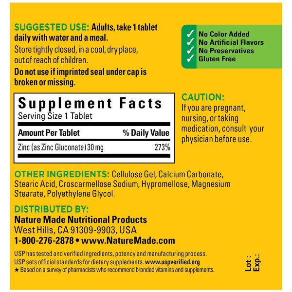 Nature Made Zinc 30 mg, Zinc Supplements for Antioxidant and Immune Support Tablets, 100 CT
