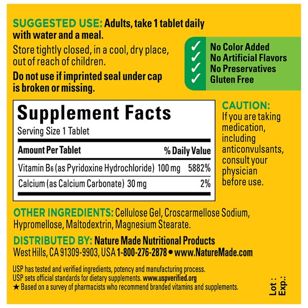 Nature Made Vitamin B6 100 mg Tablets, B6 Vitamins for Energy Metabolism Support, 100 CT