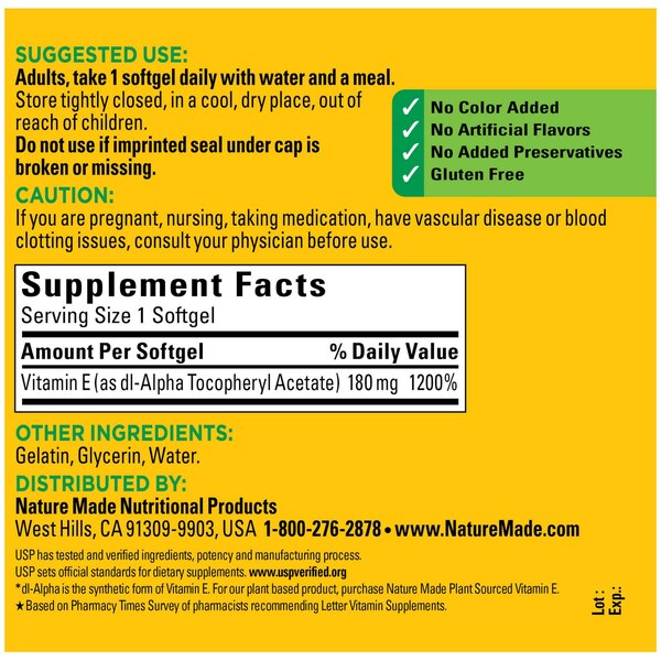 Nature Made - Vitamina E en cápsulas blandas, 180 mg (400 IU) dl-Alpha, 300 u.