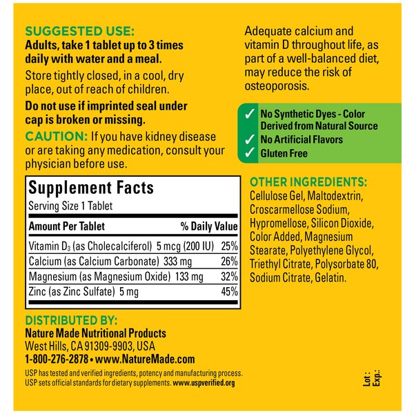 Nature Made Calcium Magnesium Zinc with Vitamin D3, Calcium Supplement for Bone Support, 300 Tablets