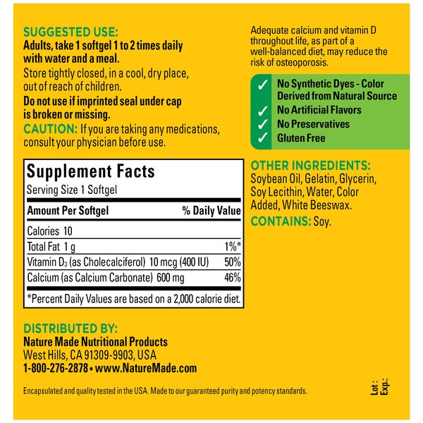 Nature Made Calcium 600 mg with Vitamin D3 for Bone Support, Softgels, 100 CT
