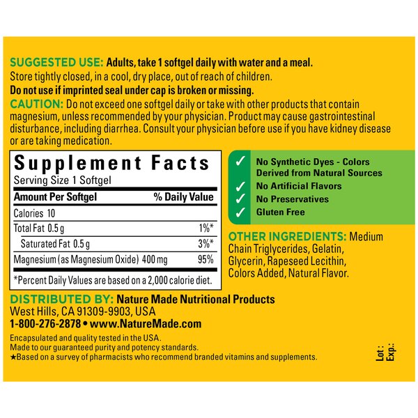 Nature Made Extra Strength Magnesium Oxide 400 mg Softgels, 60 CT