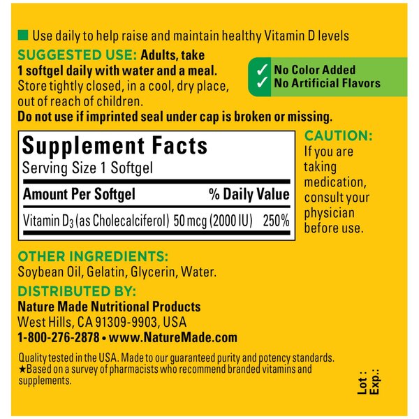 Nature Made Vitamin D3 2000 IU (50 mcg), Bone Health and Immune Support Softgels, 90 CT
