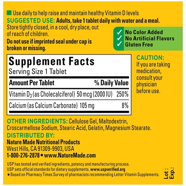 Nature Made Vitamin D3 Tablets,  2000 IU (50 mcg), 100 CT