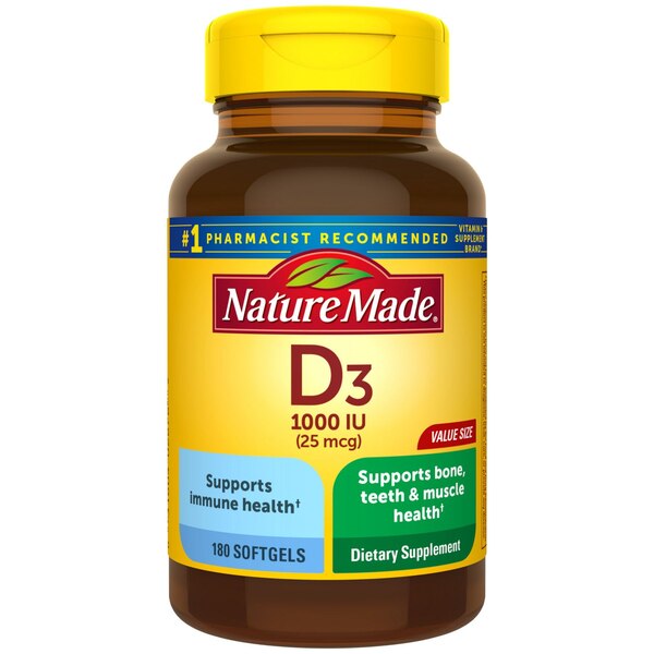 Nature Made Vitamin D3 1000 IU (25 mcg), Bone Health and Immune Support Softgels, 180 CT