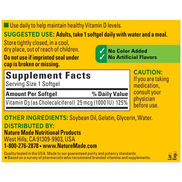 Nature Made Vitamin D3 1000 IU (25 mcg), Bone Health and Immune Support Softgels, 180 CT