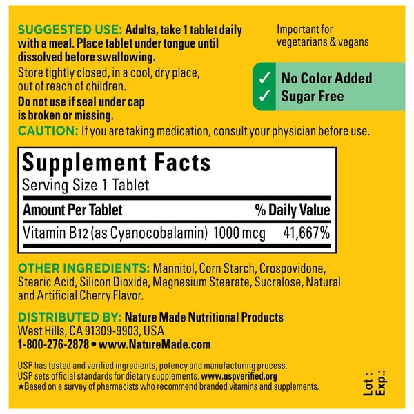 Nature Made Vitamin B12 Sublingual 1000 mcg Sugar Free Fast Dissolve Tablets, 50 CT