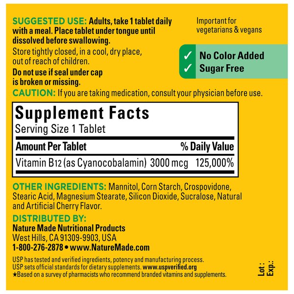 Nature Made Vitamin B12 Sublingual 3000 mcg Sugar Free Fast Dissolve Tablets, 40 CT