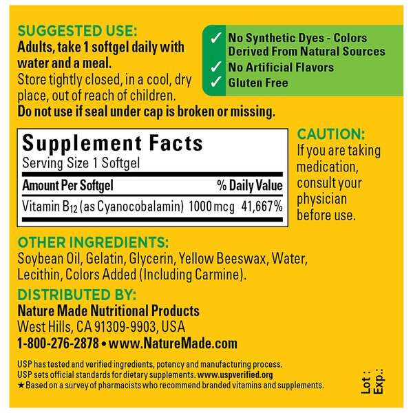 Nature Made Vitamin B12 1000 mcg, B12 Vitamin Softgels for Energy Metabolism Support, 90 CT