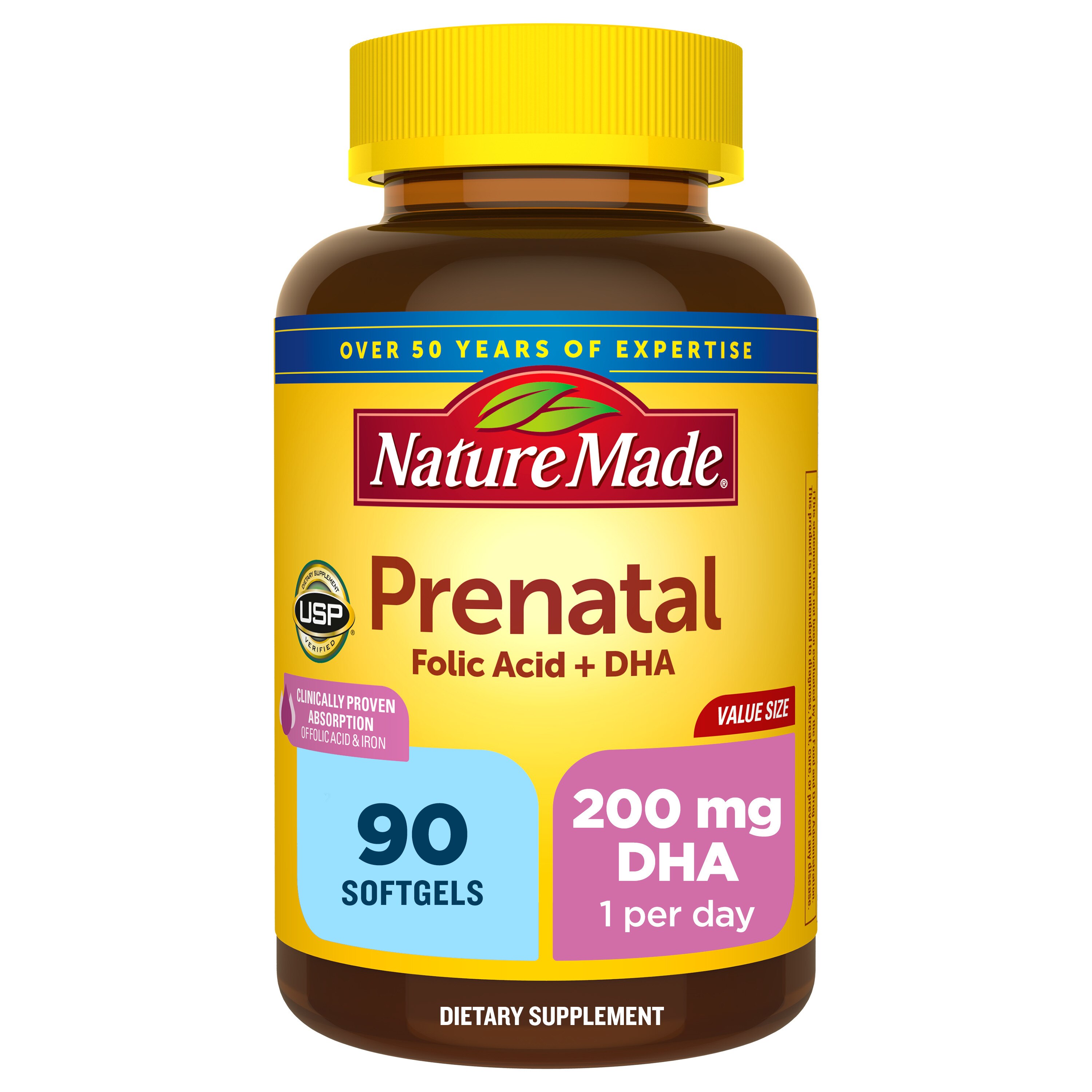 Nature Made - Multivitaminas prenatales + DHA en cápsulas blandas para el desarrollo del bebé, tamaño económico, 90 u.