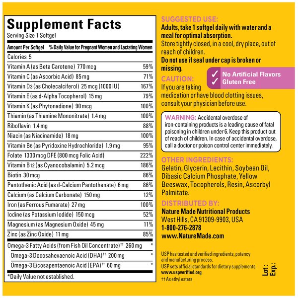 Nature Made Prenatal with Folic Acid + DHA, Prenatal Vitamin and Mineral Supplement Softgels, 90 CT