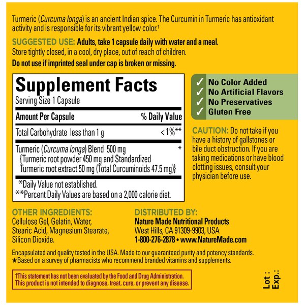 Nature Made Turmeric Curcumin 500 mg, Turmeric Capsules for Antioxidant Support, 60 CT