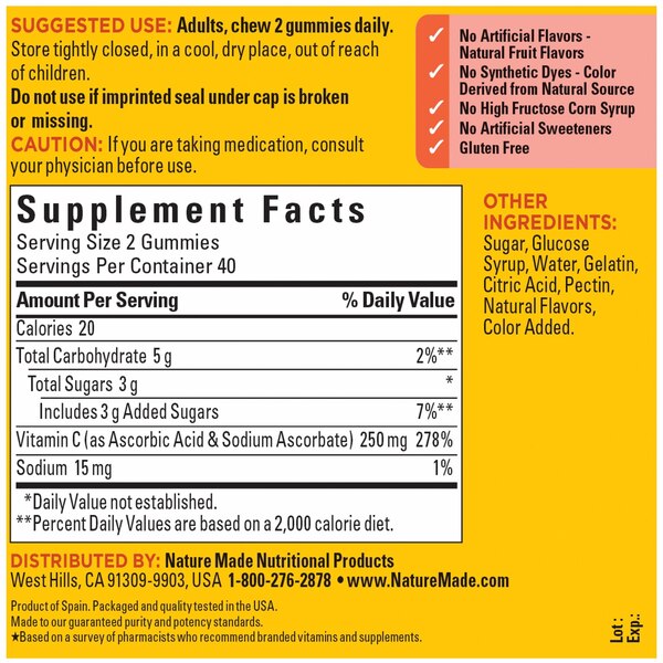 Nature Made Vitamin C 250mg Per Serving for Immune Support Vitamin Gummies, 80 CT