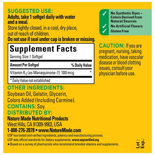 Nature Made Vitamin K2 100 mcg Softgels, 30 CT