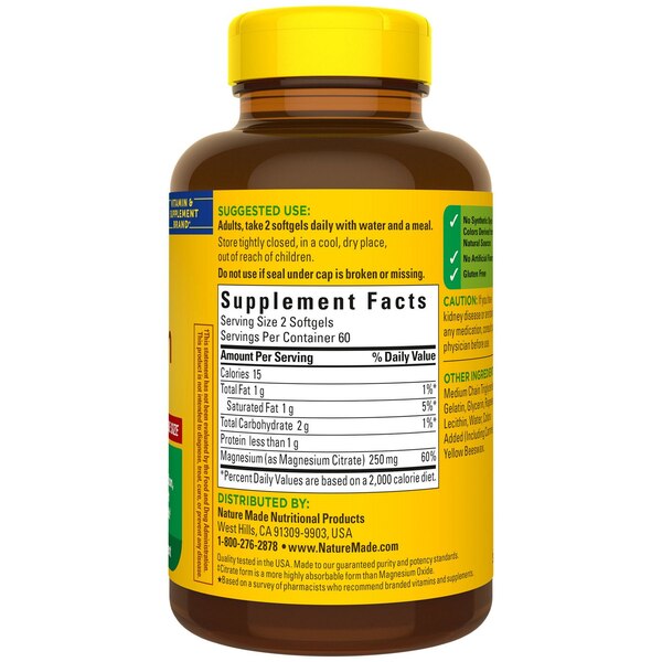 Nature Made Magnesium Citrate 250 mg per serving, Magnesium Supplement Softgels, 120 CT