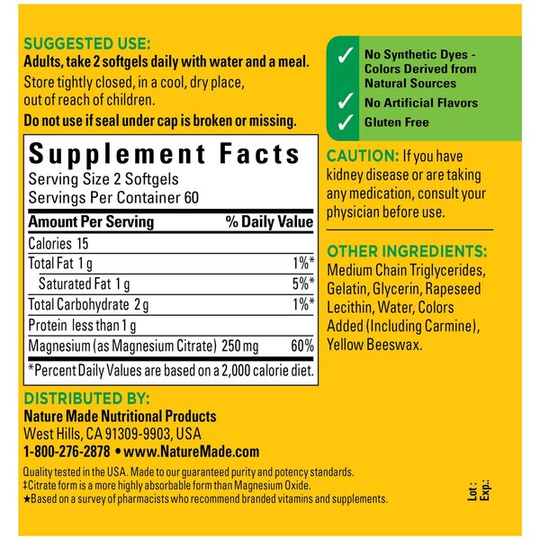 Nature Made Magnesium Citrate 250 mg per serving, Magnesium Supplement Softgels, 120 CT