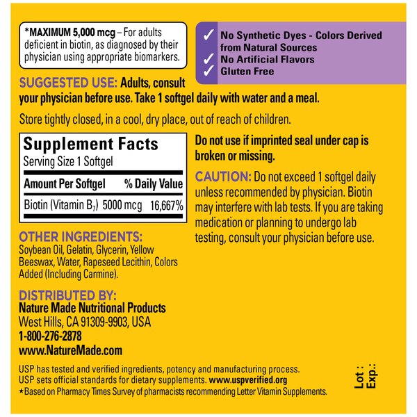 Nature Made Maximum Strength Biotin 5000 mcg Helps Support Healthy Hair, Skin & Nails Softgels 120 CT