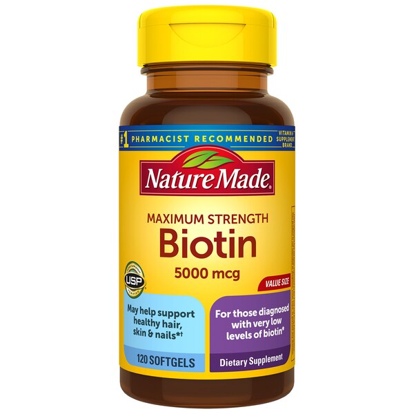 Nature Made Maximum Strength Biotin 5000 mcg Helps Support Healthy Hair, Skin & Nails Softgels 120 CT