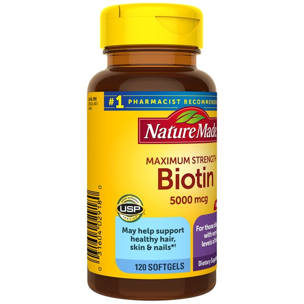Nature Made Maximum Strength Biotin 5000 mcg Helps Support Healthy Hair, Skin & Nails Softgels 120 CT
