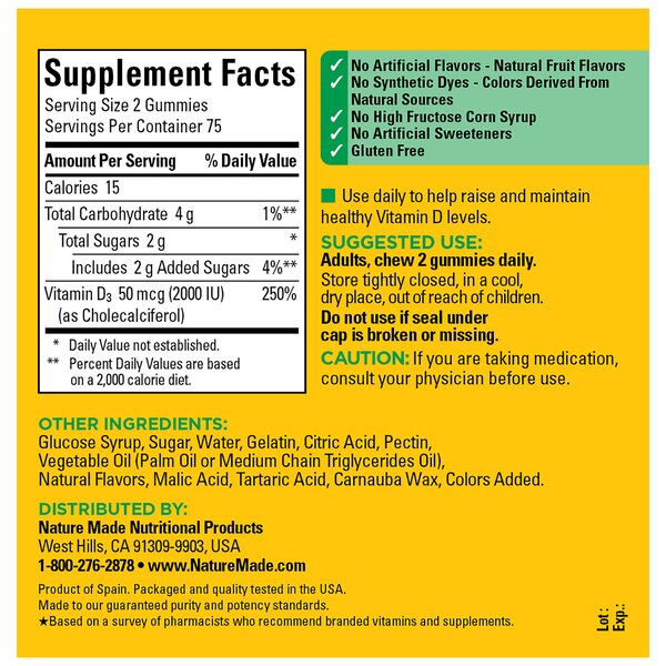 Nature Made Vitamin D3 2000 IU (50 mcg), for Bone Health and Immune Support Vitamin Gummies, 150 CT