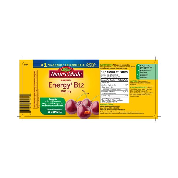 Nature Made Energy Vitamin B12 1000 mcg, Cherry & Mixed Berry Flavored Gummy Vitamins, 80 CT