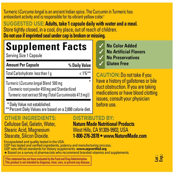Nature Made Turmeric Curcumin 500 mg, Turmeric Capsules for Antioxidant Support, 120 CT
