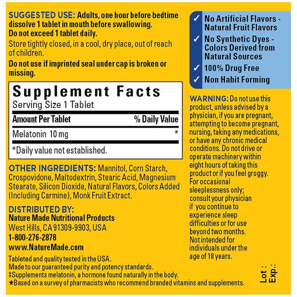 Nature Made Fast Dissolve Melatonin 10mg Tablets, Maximum Strength 100% Drug Free Sleep Aid, 45 CT