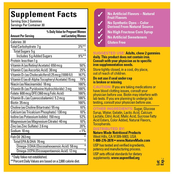 Nature Made Prenatal Gummies with DHA and Folic Acid, Prenatal Vitamin and Mineral Supplement, 60 CT