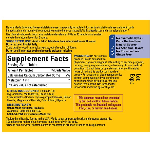 Nature Made Melatonin 4mg Extended Release Tablets, 100% Drug Free Sleep Aid for Adults, 90 CT
