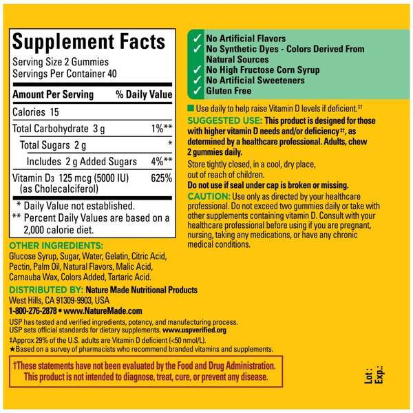 Nature Made Extra Strength Vitamin D3 5000 IU (125 mcg) per serving Gummies, 80 CT