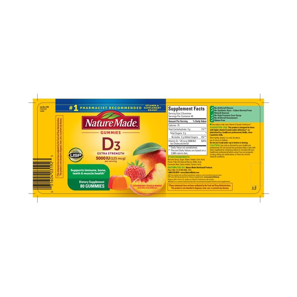 Nature Made Extra Strength Vitamin D3 5000 IU (125 mcg) per serving Gummies, 80 CT