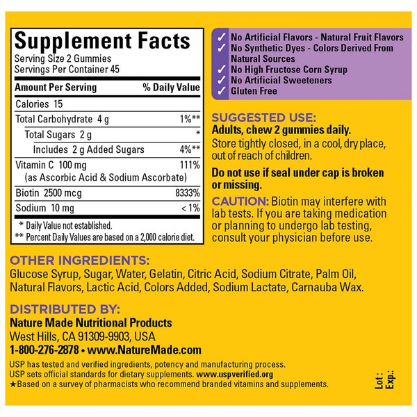 Nature Made Hair Skin and Nails with Biotin 2500 mcg Gummies, 90 CT